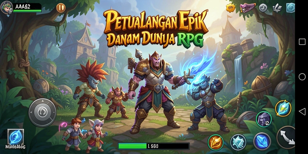 Screenshot AA62 menunjukkan pertarungan RPG yang seru dan dinamis.