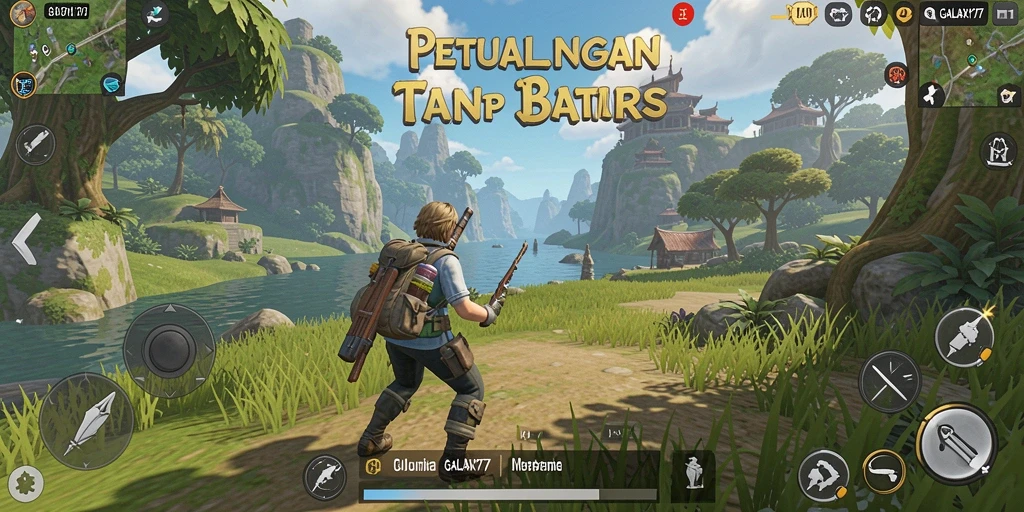 Screenshot GALAXY77 menampilkan aksi seru dalam dunia Open World yang kaya.