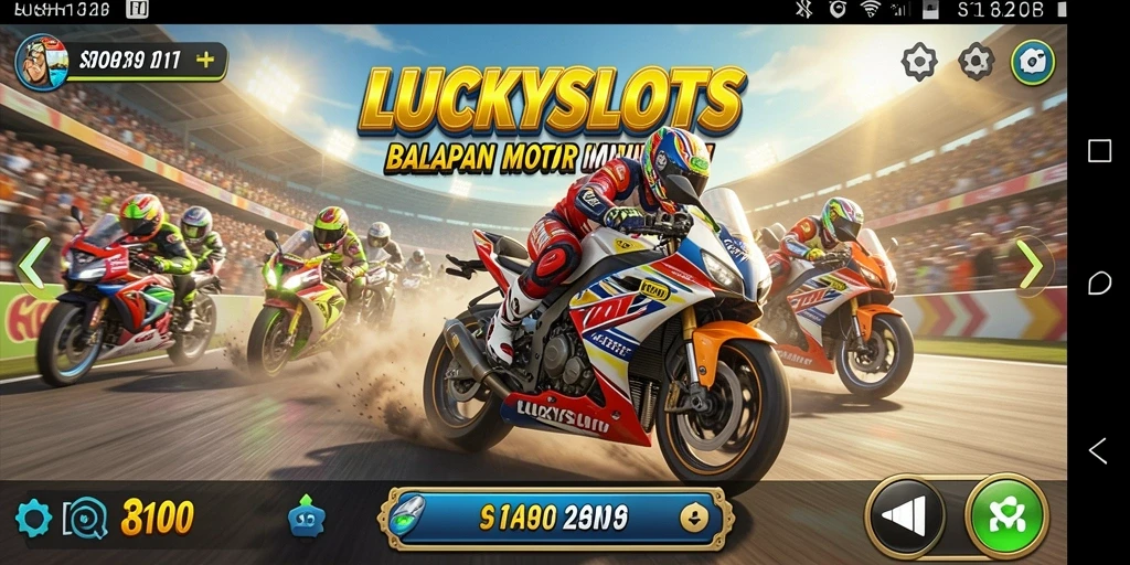 Tampilan seru dari gameplay LUCKYSLOTS dengan balapan motor yang mendebarkan.