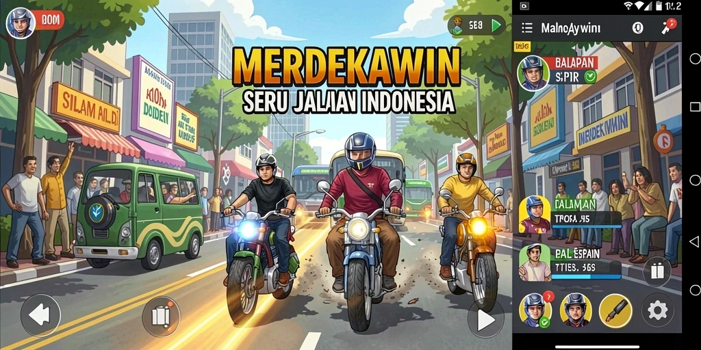 Screenshot gameplay dari MERDEKAWIN memperlihatkan aksi balapan yang mendebarkan.