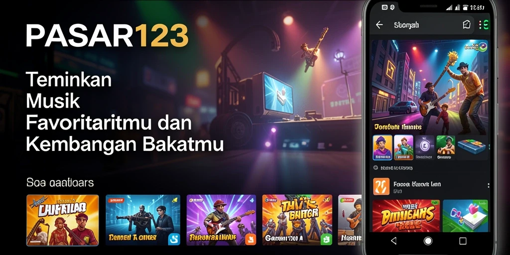 Tangkapan layar utama PASAR123 menampilkan antarmuka aplikasi dengan lagu-lagu yang sedang diputar.