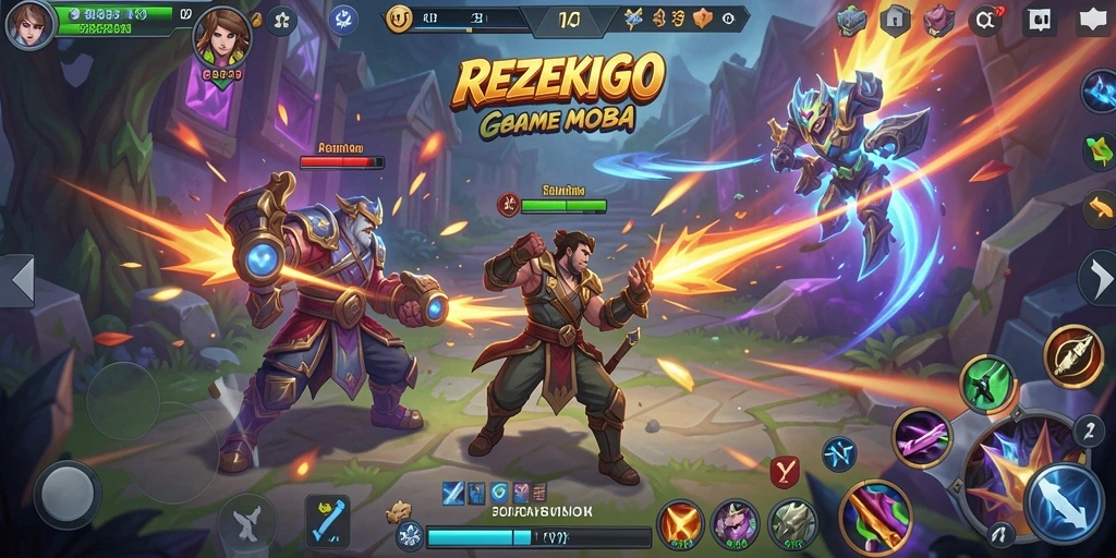 Tampilan menarik dan seru dari gameplay REZEKIGO di arena MOBA.