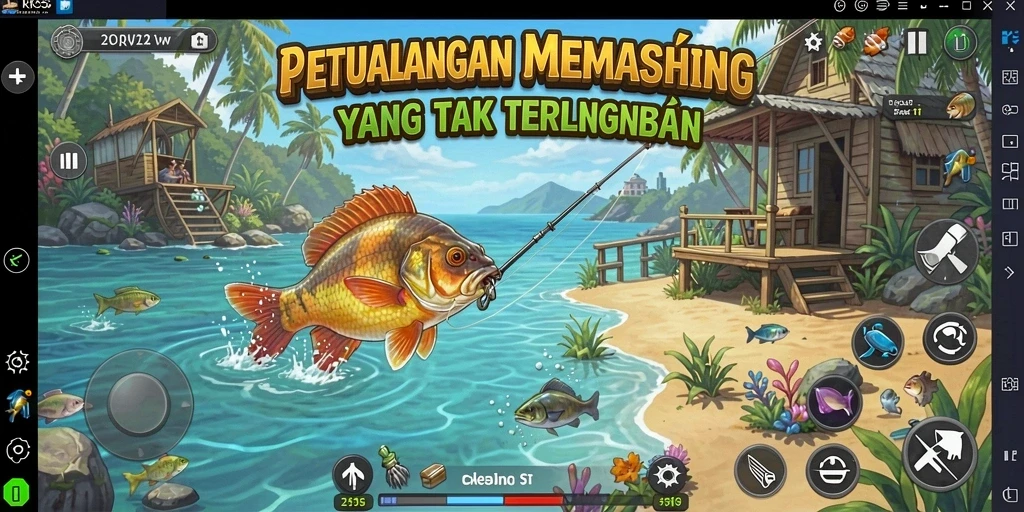 Tampilan gameplay RK55 dengan berbagai lokasi memancing yang memukau.