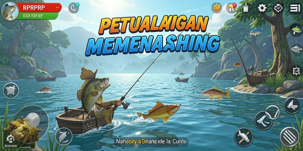Screenshot gameplay RPRPRP menampilkan aksi memancing yang mendebarkan.