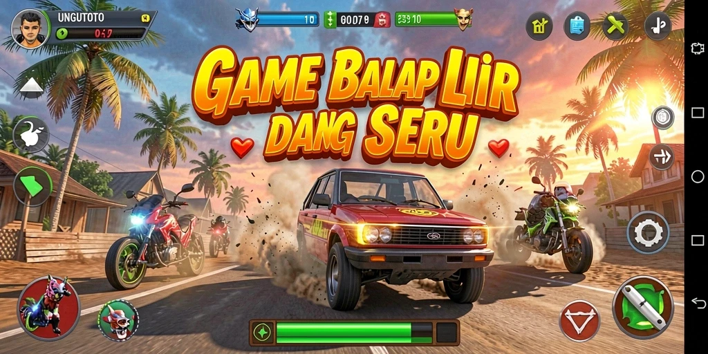 Tampilan gameplay mendebarkan UNGUTOTO saat balap di lintasan.
